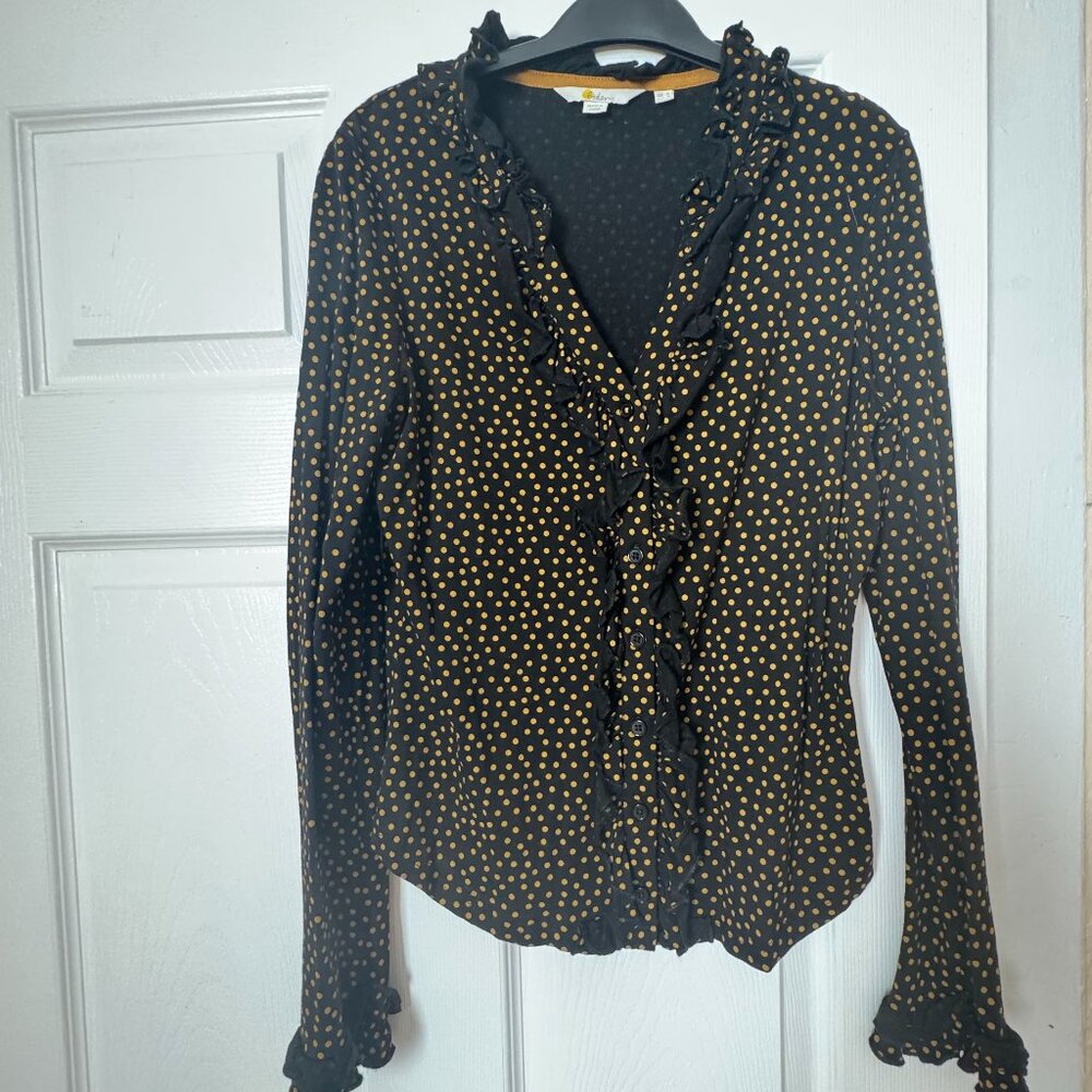BODEN WOMENS LONG SLEEVED SHIRT WITH RUFFLES, SIZE 4
